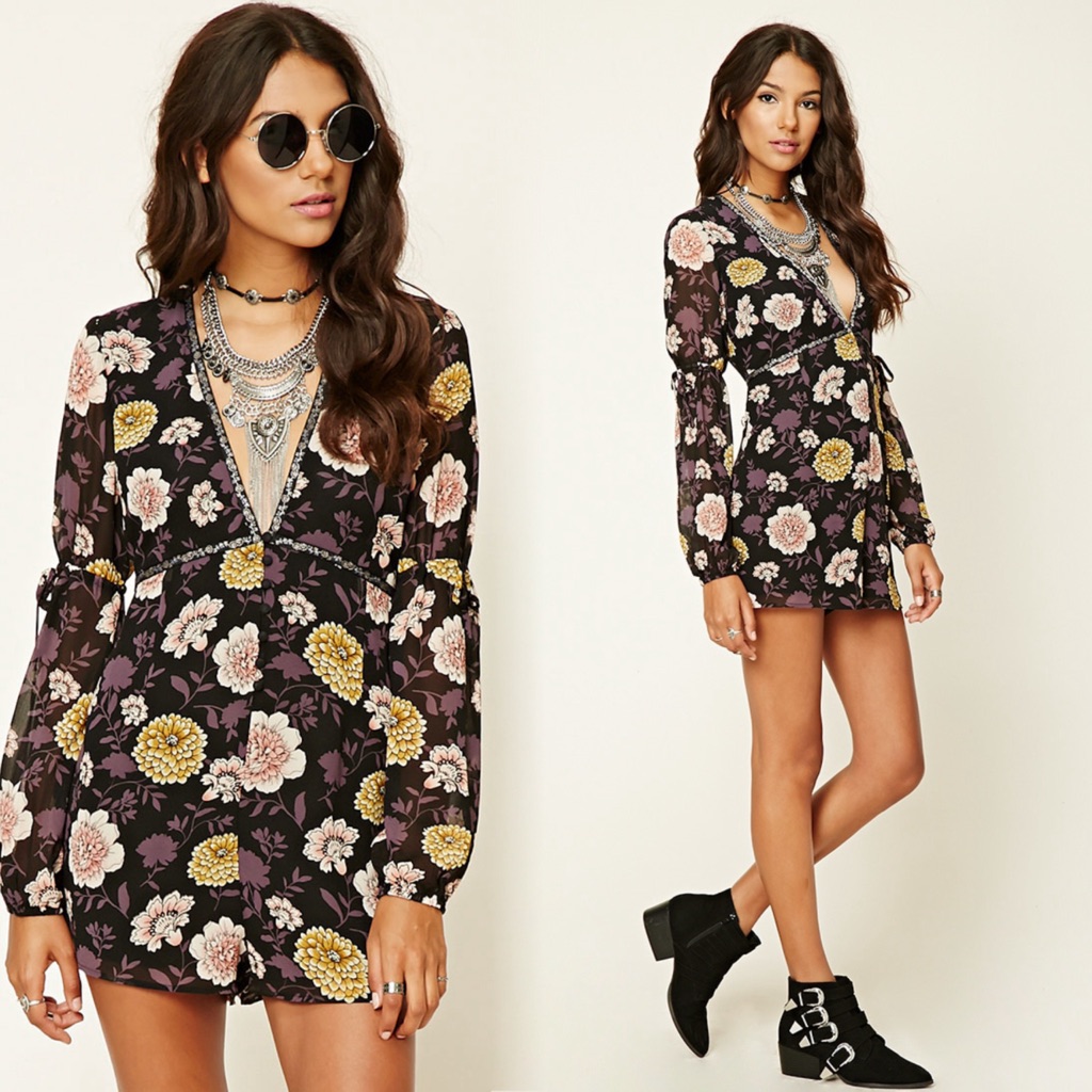 Boho Floral Print Embroidered Romper